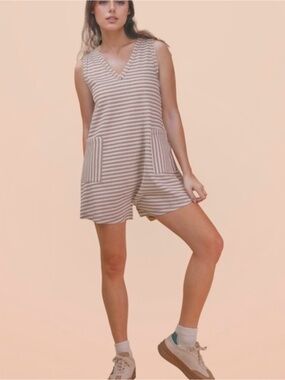 Very J Cream and Taupe Striped Sleeveless Romper